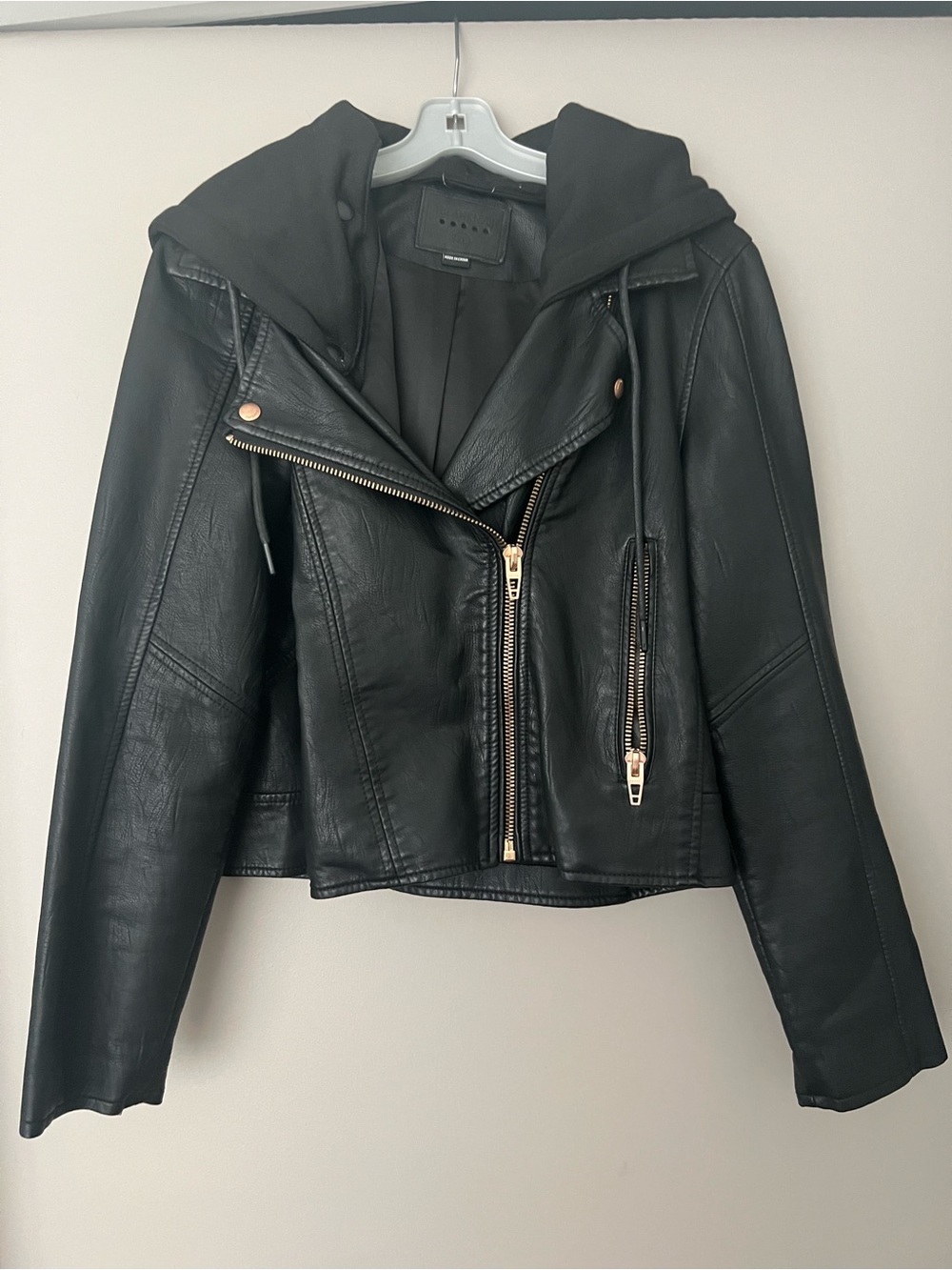 Blank NYC Black Faux Leather Hooded Moto Jacket with Gold Hardware